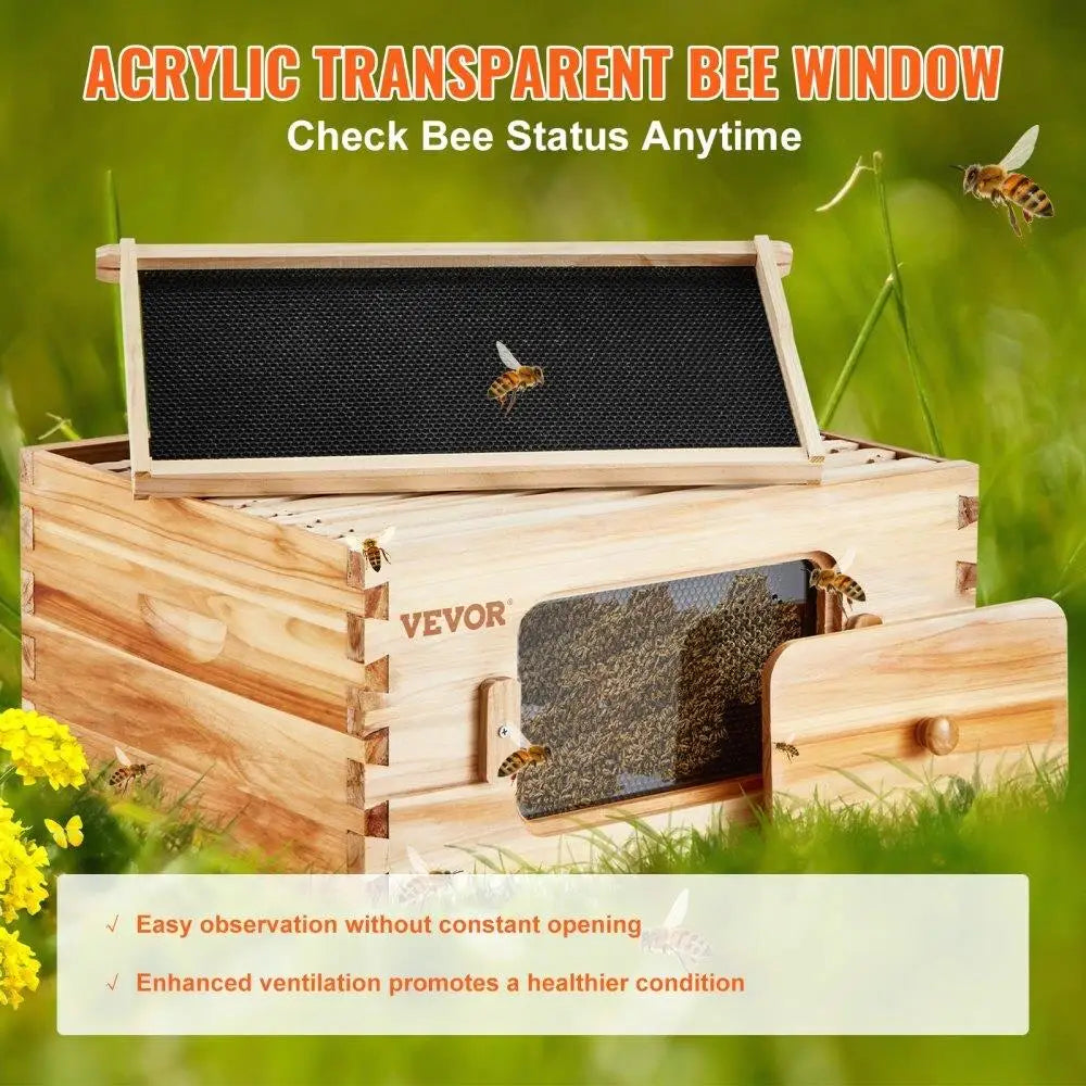🍯 Deep Box Beehive Starter Kit – 100% Beeswax-Coated Cedar Wood with 10 Frames & Transparent Windows