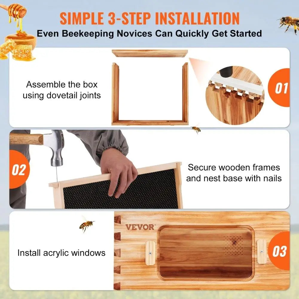 🍯 Deep Box Beehive Starter Kit – 100% Beeswax-Coated Cedar Wood with 10 Frames & Transparent Windows